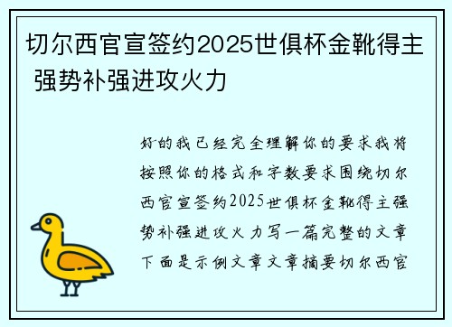 切尔西官宣签约2025世俱杯金靴得主 强势补强进攻火力