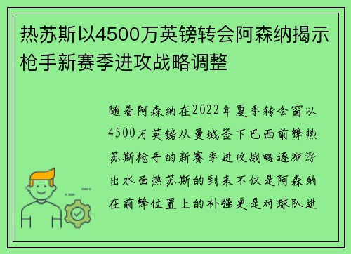 热苏斯以4500万英镑转会阿森纳揭示枪手新赛季进攻战略调整 热苏斯以4500万英镑转会阿森纳揭示枪手新赛季进攻战略调整