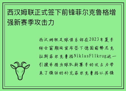 西汉姆联正式签下前锋菲尔克鲁格增强新赛季攻击力
